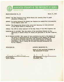 ASUH was very active in promoting Hawaiian statehood. Shortly after the Hawaii statehood bill was approved by Congress the students sent this letter to Speaker of the House Sam Rayburn (D-TX) expressing their gratitude to Congress for finally allowing Hawaii to become a state.