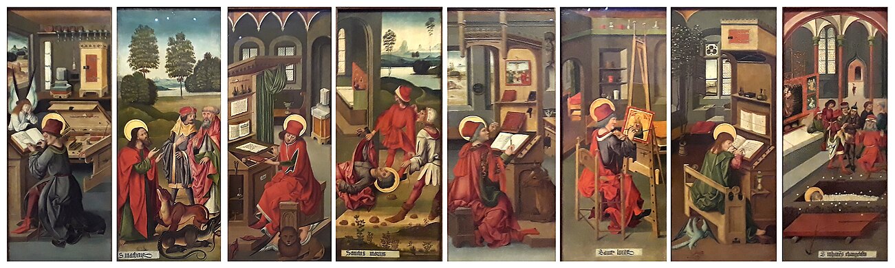 From left to right: St. Matthew, St. Matthew taming the dragons, St. Mark, Martyrdom of St. Mark, St. Luke, St. Luke painting the Virgin, St. John, The miracle of the hosts at St.John's tomb