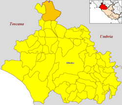 Trevinano (blue spot) within the municipality of Acquapendente (orange) and the province