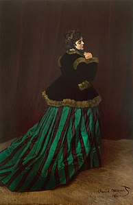 Claude Monet exhibited a portrait of his future wife Camille Doncieux at the Paris Salon of 1866 under the title Woman in a Green Dress.