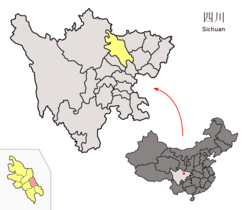 Location of Zitong County (red) within Mianyang City (yellow) and Sichuan