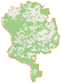 Mapa konturowa powiatu żarskiego, po prawej nieco u góry znajduje się punkt z opisem „Biedrzychowice Dolne”