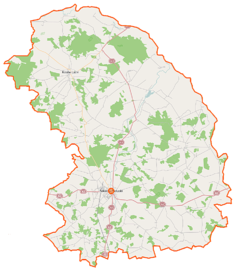 Mapa konturowa powiatu sokołowskiego, po prawej znajduje się punkt z opisem „Toczyski Średnie”