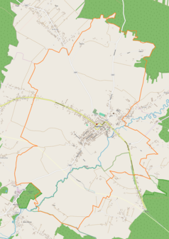 Mapa konturowa Daleszyc, w centrum znajduje się punkt z opisem „Cmentarz żydowski w Daleszycach”