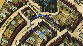 Galigahuis in 1649, boven in de Grote of Martinikerk.