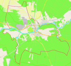 Mapa konturowa Inowłodzia, blisko centrum na lewo u góry znajduje się punkt z opisem „Cmentarz żydowski w Inowłodzu”