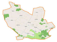 Mapa konturowa gminy Abramów, blisko centrum po prawej na dole znajduje się punkt z opisem „Abramów”