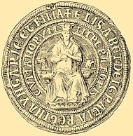 A seal depicting a crowned woman who sits on a throne