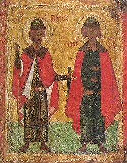 Russian icon of the passion bearers Saints Boris and Gleb (14th century, Tretyakov Gallery, Moscow)