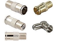 A visual collection of standard and right-angle coaxial F connectors, a commonly used but less documented form of the F connector.