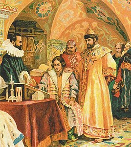 Boris Godunov Overseeing the Studies of his Son, painting by N. Nekrasov (19th century)