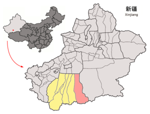 Niya İlçesi'nin Sincan Uygur Özerk Bölgesideki konumu (pembe)