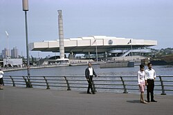 The Bell System Pavilion, a large structure supported by cantilevered columns