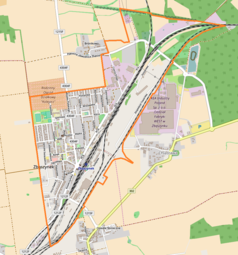 Mapa konturowa Zbąszynka, po lewej znajduje się punkt z opisem „Kościół Macierzyństwa Najświętszej Maryi Panny w Zbąszynku”