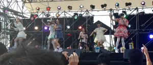 Band Ja Naimon! performing one of their numbers "Kimemaster!" on the stage at Akarenga Yokocho (Yokohama Red Brick Warehouse) idol festival in Yokohama, July 3rd 2016