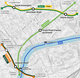 Map of Chelsea showing rail and tube lines