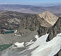 Mt. Gayley (centered) above Palisade Glacier as seen from North Palisade. "Buck Mountain" (aka Contact Peak) beyond Gayley.