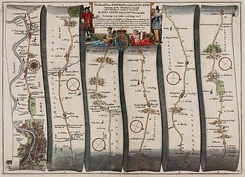 The Road From LONDON to the LANDS END aus dem Straßenatlas Britannia von 1675. „Strip maps“ von John Ogilby mit dem Straßenverlauf auf Papierstreifen