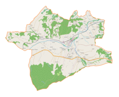 Mapa konturowa gminy Tymbark, blisko centrum na lewo znajduje się punkt z opisem „Parafia Miłosierdzia Bożego”