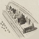 De Agnietenkapel en -klooster (1544). Vogelvlucht vanuit het noorden. Bovenaan het Huis aan de Drie Grachten. Impressie op een 18e-eeuwse prent.