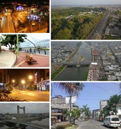 From top, left to right: Quevedo central park, Quito avenue, Quevedo boardwalk, view of the Quevedo river crossing the city, October 7 avenue, downtown and Humberto Alvarado bridge.