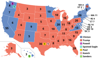 Presidential election results map. Red denotes states won by Trump/Pence and blue denotes those won by Clinton/Kaine. Numbers indicate electoral votes cast by each state and the District of Columbia. On election night, Trump won 306 electors and Clinton 232. However, because of seven faithless electors (five Democratic and two Republican), Trump received just 304 votes to Clinton's 227.