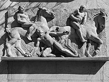 Steinwurf des Arnold Schick in der Schlacht von 1444. Steinrelief 1944, St. Jakob an der Birs. Steinengraben 41, Basel. Von Ernst Suter (1904–1987) Bildhauer.