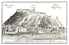 Der Schlossberg „vor seiner Zerstörung“ 1809. Nachträglich (um 1830) gefertigte Zeichnung und Lith. von Kuwasseg