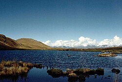 Looking west across a lake near Jarhuajara to the Cordillera Blanca