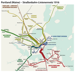 Karte der Straßenbahn in Portland, Maine 1916