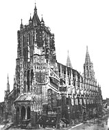 Ulmer Münster 1887, mit neugotischen Strebebögen und Chortürmen