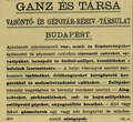 A Ganz Rt. hirdetése a Vasárnapi Újság 1894. évfolyamában