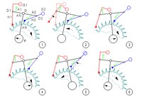 Grashüpferhemmung (Prinzip) H1, H2 Hemmelemente; G1, G2 Gewichte; D Anker- und Pendeldrehachse; A1, A2 Anschläge; AN Anker; D1, D2 Drehachsen der Hemmelemente; HR Hemmungsrad; P Pendel