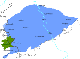 Het Ripuarisch dialectgebied. In lichte kleur de gebieden in Nederland waar een dialect met dezelfde kenmerken wordt gesproken. Het Hertogenwoud in België is dunbevolkt zodat daar geen taalgrens te trekken is