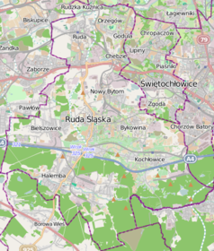 Mapa konturowa Rudy Śląskiej, w centrum znajduje się punkt z opisem „Ruda Wirek”