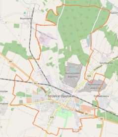 Mapa konturowa Strzelec Opolskich, na dole znajduje się punkt z opisem „Park miejski w Strzelcach Opolskich”