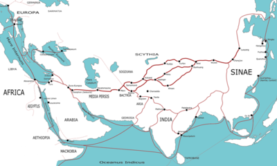 A map of the Middle and Far East; the roads roughly follow the lower curve of the European continent, with smaller roads generally branching out below this to traverse India, China and Arabia.