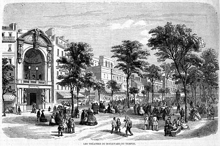 Les théâtres du boulevard du Temple im Jahr 1862 vor der Zerstörung; links: théâtre Historique/théâtre Lyrique (L'Illustration, 1862).