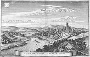 Stadt „Penick“ vor 1650 (nach Merian) mit dem Renaissancebau des Neuen Schlosses, das im 18. Jh. klassizistisch umgebaut wurde