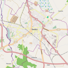 Mapa konturowa Siedlec, u góry nieco na prawo znajduje się punkt z opisem „Stadion Agencji Rozwoju Miasta Siedlce”