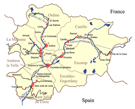 Kaart van Andorra waarop het traject van de Valira d' Orient duidelijk zichtbaar is.