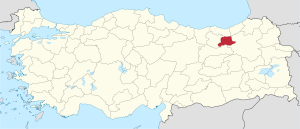 Bayburt highlighted in red on a beige political map of Turkeym