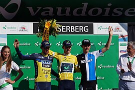 Siegerehrung der drei besten Fahrer in der Gesamtwertung (v. l. n. r.): Roman Kreuziger, Rui Costa und Bauke Mollema