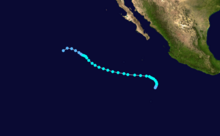 A map of the somewhat erratic track of a tropical storm off the Pacific coast of Mexico; though it starts moving north-northeastward and finishes moving west-southwestward, the bulk of the track is west-northwestward