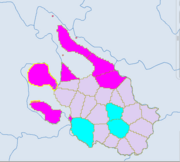 Ethnic townships in Sichuan Mianyang. Purple - Qiang. Red - Tibetan.