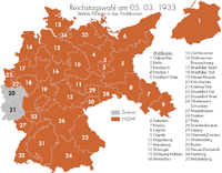 5 Mart 1933 seçimlerinde 35 parlamenter bölgenin 33'ünde NSDAP çoğunluğu sağlamıştır. Sadece Köln-Aachen ve Koblenz-Trier bölgelerinde çoğunluğu sağlayamamışlardır.