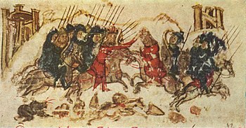 Michaels Armee besiegt Thomas den Slawen; Miniatur aus der Chronik des Konstantin Manasses