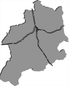 Mapa konturowa Bielska-Białej, blisko centrum na lewo znajduje się punkt z opisem „Bielsko-Biała Aleksandrowice”