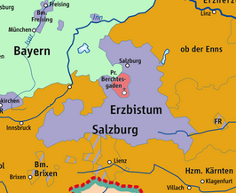 Prinsaartsbisdom Salzburg (blauw) in 1789, omringd door Oostenrijk (oranje) en Beieren (groen).