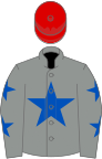 Grey, royal blue star, grey sleeves, royal blue stars, red cap